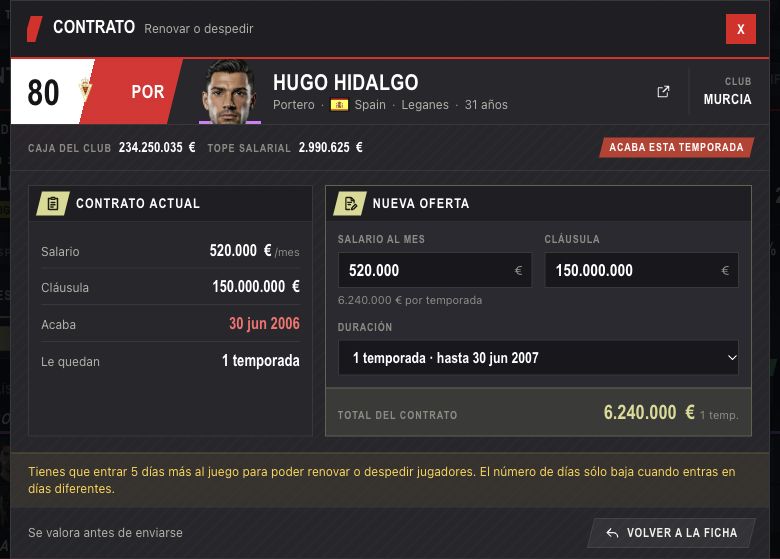 Formulario actual de contrato de Hugo Hidalgo con salario, cláusula, duración y aviso real de acceso pendiente.